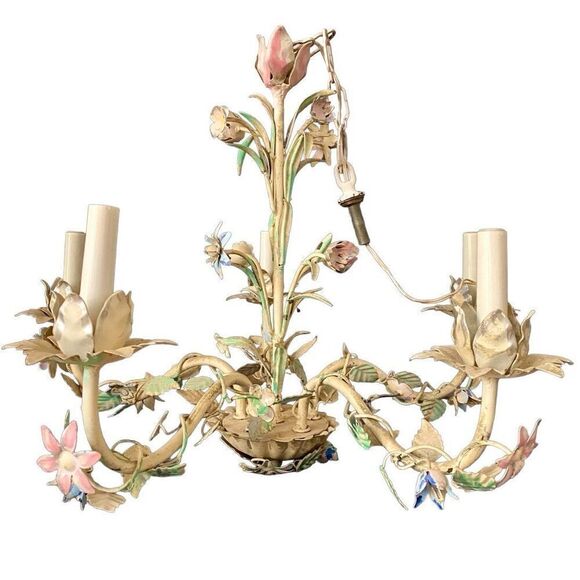 Pastel Pink, Blue and Mint Shabby Chic Florence Style Chandelier, 1960s Wrought - Picture 1 of 14